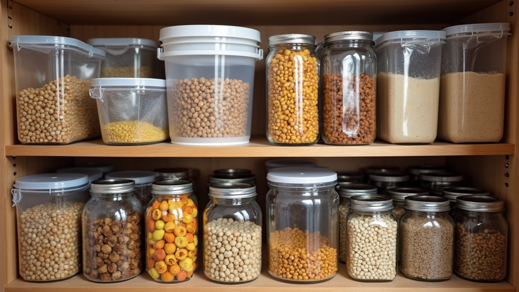 Long term food storage in various container types.