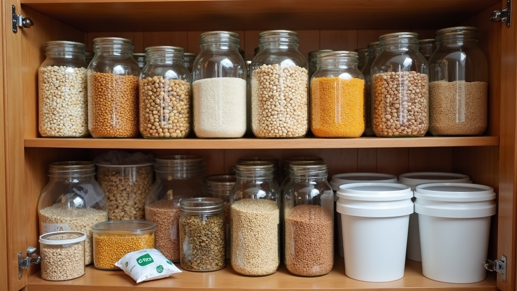 Grains and legumes, such as rice, beans, lentils, and wheat, stored in airtight containers and Mylar bags with oxygen absorbers on a kitchen shelf.