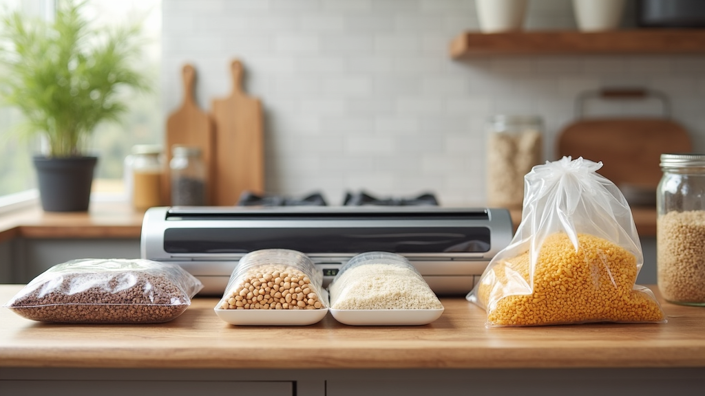 Vacuum sealer with sealed bags of food.
